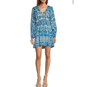 Chelsea & Violet NWT Blue Floral Boho Mini Dress Lace Up Cotton Blend M